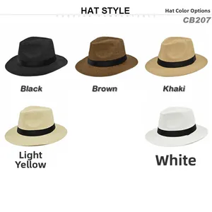 Group shot of five neutral straw fedora hats in black, brown, khaki, beige, and white