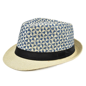 Detail of blue and natural woven patterns on a straw fedora hat with a black band