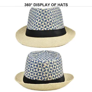 Straw fedora hat with geometric triangle patterns and 360-degree multi-angle display