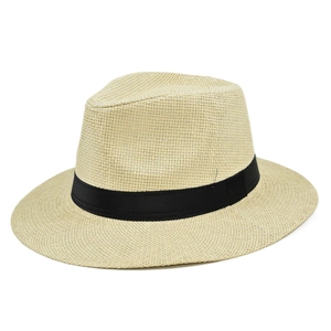Detailed top-down view of a beige straw fedora hat featuring a classic black ribbon band