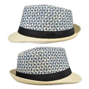 Detail of blue and beige geometric paper straw fedora with a black grosgrain ribbon band