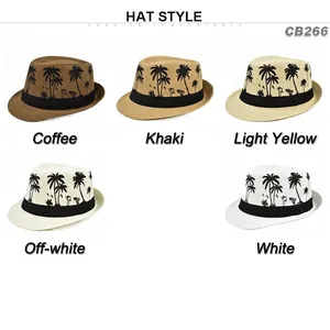 Straw sun hats with palm tree prints in five colors including khaki and white