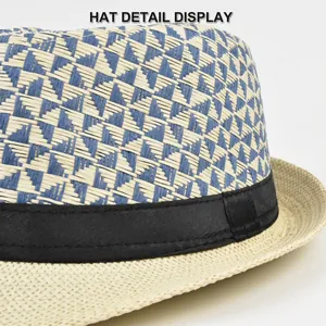 Summer fedora straw hat with blue geometric weave and black satin ribbon detail