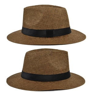 Close-up of the woven straw texture and black ribbon detail on retro fedora hats