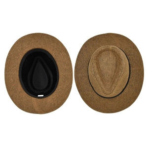 Detailed top and inner view of dark brown straw fedora with fine woven texture