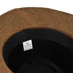 Detail of wide brim straw hat interior showing sweatband and 100% paper material label