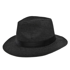 Classic black woven fedora straw hat with wide brim and ribbon for women's sun protection