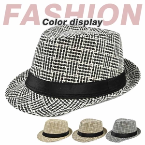 Unisex Paper Straw Fedora Hat Grid Pattern Sun Protection Breathable Summer Beach Trilby Hat With Black Ribbon Band