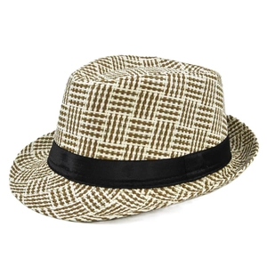 Detailed view of the woven pattern on a brown and white checkered summer fedora hat