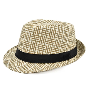 Classic men's beige fedora straw hat with black ribbon decoration on white background