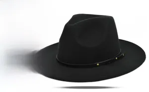 Detail of black wool fedora hat with wide brim featuring three metal rivets on leather band