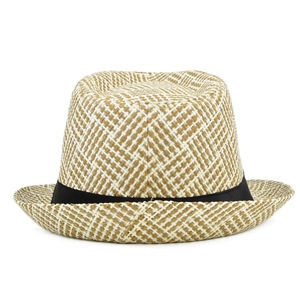 Close-up of brown and white straw weave texture with black ribbon on fedora hat