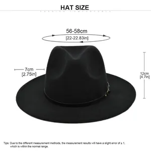 Classic black wool fedora hat with wide brim and leather band showing size specifications