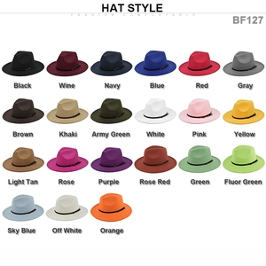 Detailed color chart showing 21 different shades of wool felt fedora hats with brim
