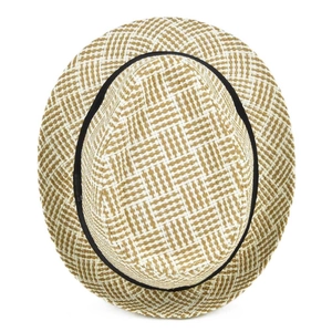 Top view of dual-color straw trilby hat with fine cross-weave texture and black ribbon band