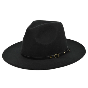 Vintage Wide Brim Fedora Hat For Men Women Polyester Felt Jazz Hat With Belt Buckle Rivets Classic Flat Top Sunshade Cap