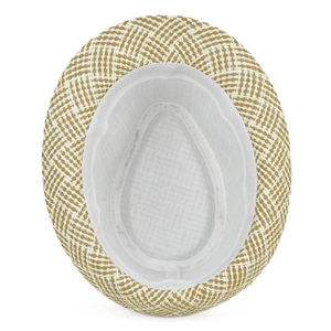Close-up of woven straw fedora hat interior showing white sweatband and cross-weave texture
