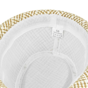 Detail view of the interior band and wash label on the men's straw jazz hat