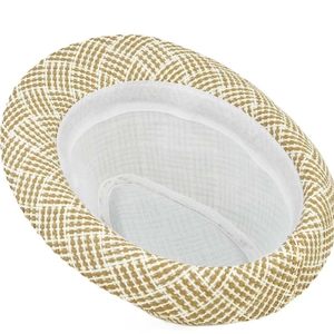 Detail view of woven straw fedora hat featuring internal lining and sweatband construction