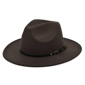 Detailed macro view of dark brown wool fedora hat with black leather band and gold buckle