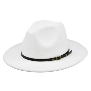 Detail of white felt fedora hat featuring black leather band with golden rivet accents