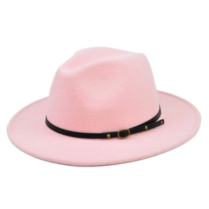 Detail of pink fedora wool hat featuring a black leather band and golden buckle accents