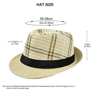 Classic Fedora straw hat with striped pattern and size measurements displayed on white background