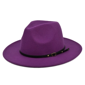 Detailed view of purple wool fedora hat featuring a black leather belt and gold buckle
