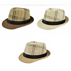 Mens straw fedora hats in brown, yellow, and khaki with classic black ribbon bands