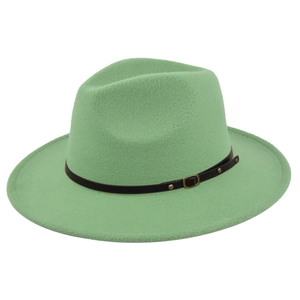 Detail view of mint green wool fedora with black decorative belt and metal buckle