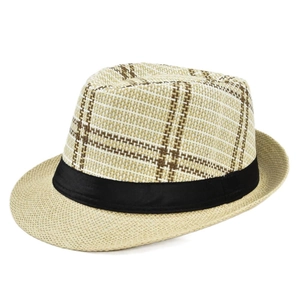 Detail view of the breathable straw weave and decorative black ribbon on the fedora hat