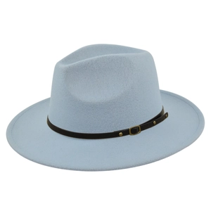 Detail of light blue fedora hat with brown leather band and gold buckle on white background