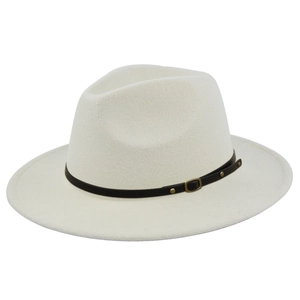 Close-up of white fedora hat featuring wool felt texture and black belt with metal buckle