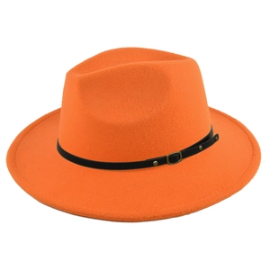 Detail of bright orange wool fedora with black leather band and gold buckle