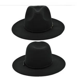 Detail view of black wool fedora hat featuring a wide brim and leather strap with studs