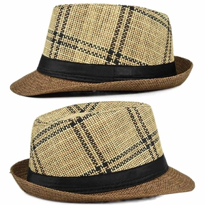 Detail of cross-woven plaid pattern on a men's straw fedora hat with a black ribbon