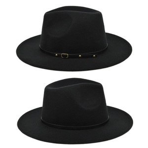 Close-up of black fedora hats with gold buckle and rivet leather band details