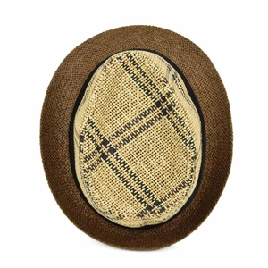 Top view of two-tone straw fedora with black geometric weaving and decorative ribbon