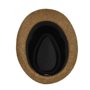 Detailed top view of the woven straw hat interior with black sweatband and lining