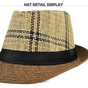 Men's summer straw jazz fedora hat with beige black plaid pattern and black satin ribbon