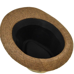 Detail view of the interior black sweatband and woven straw texture of the brown fedora