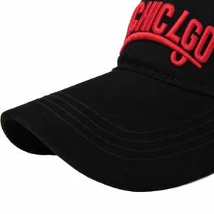 Detailed close-up of 3D red Brooklyn embroidery and reinforced stitching on black cap