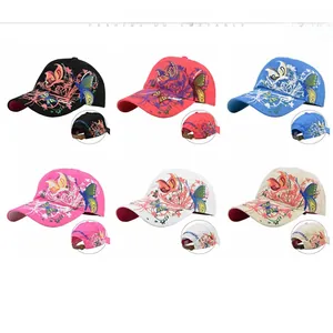 Detailed grid view of butterfly sequin embroidered baseball caps in six vibrant colors