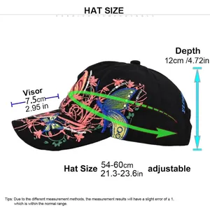 Adjustable black butterfly embroidered baseball cap with detailed size chart parameters