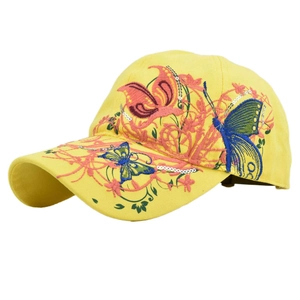 Detailed embroidery of colorful butterflies and sequins on a yellow cotton baseball cap