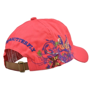 Detail of pink cotton baseball cap with D&BUTTERFLY embroidery and leather back strap