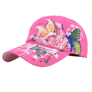 Detailed close-up of butterfly floral embroidery and sequins on a bright pink baseball cap