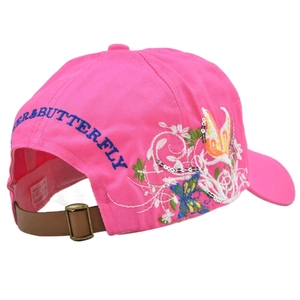Detailed embroidery of colorful butterfly and flower patterns on a dark pink baseball cap