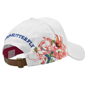 Detail of white cotton baseball cap with butterfly embroidery and leather back strap