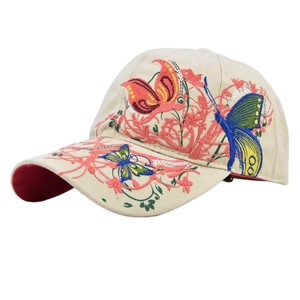 Close-up of beige baseball cap with 3D butterfly floral embroidery and sequins decoration